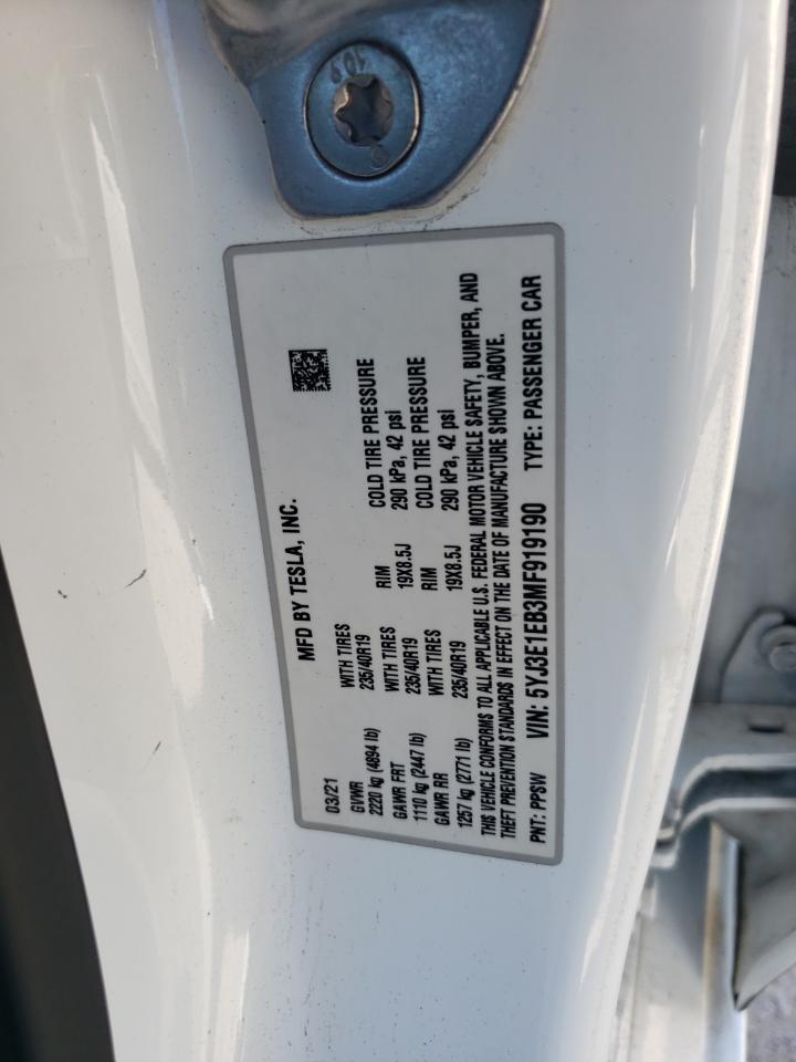 2021 Tesla Model 3 VIN: 5YJ3E1EB3MF919190 Lot: 80995545