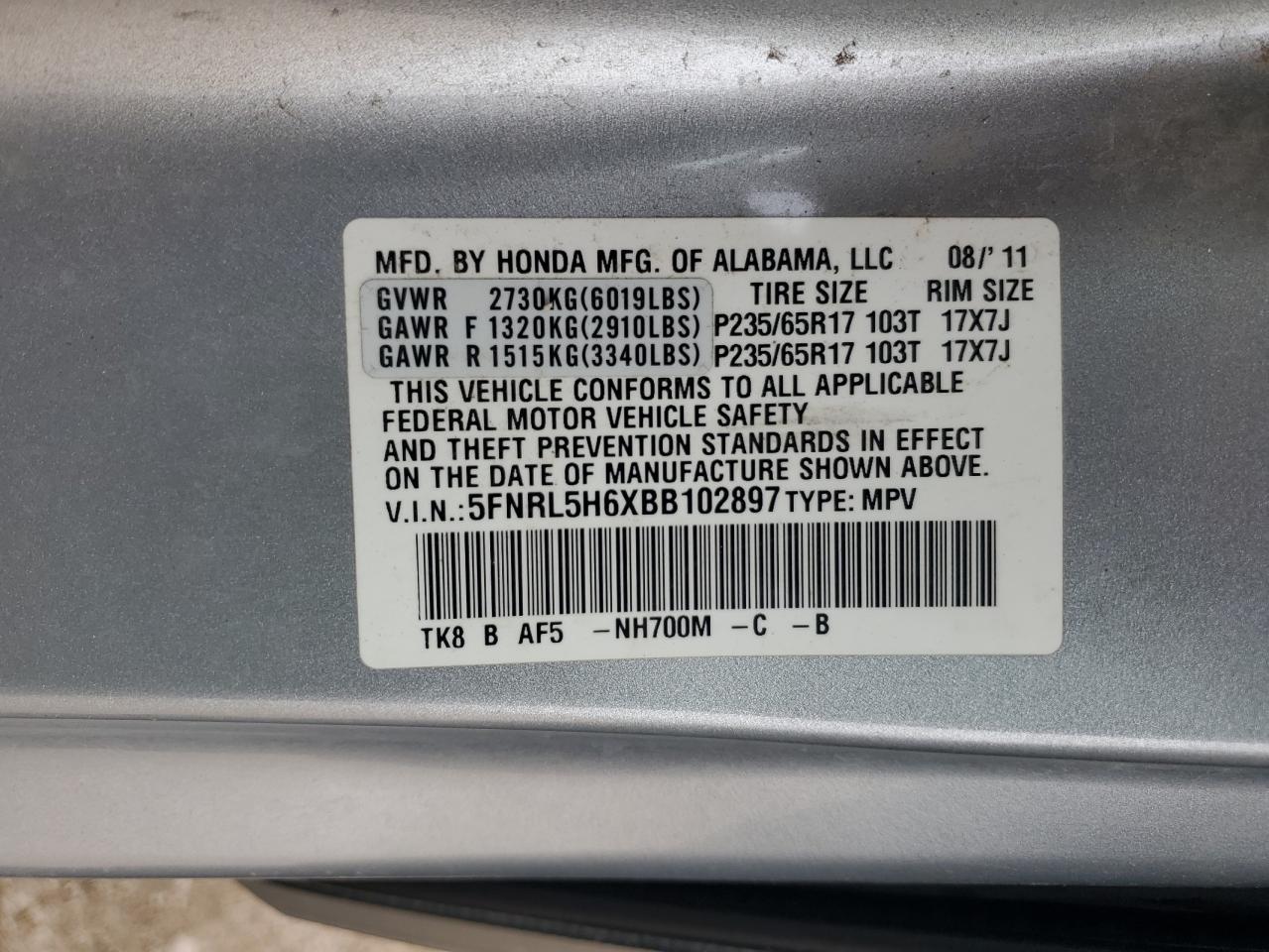 2011 Honda Odyssey Exl VIN: 5FNRL5H6XBB102897 Lot: 80710015