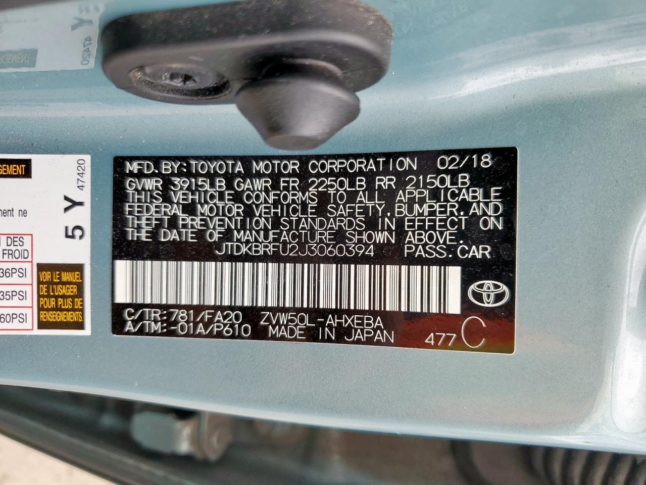 2018 Toyota Prius VIN: JTDKBRFU2J3060394 Lot: 80486455