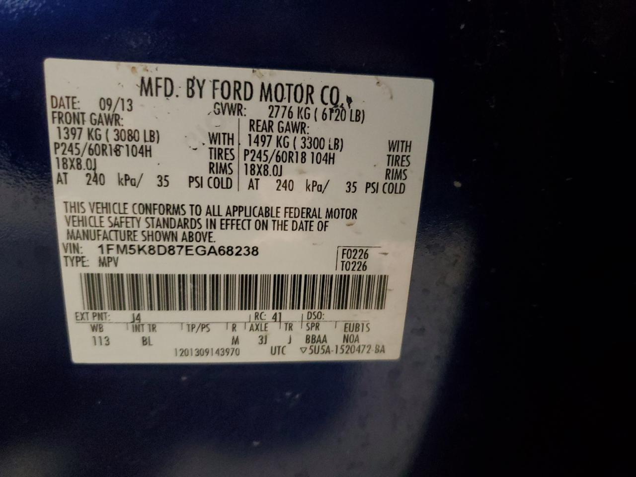 2014 Ford Explorer Xlt VIN: 1FM5K8D87EGA68238 Lot: 81004485