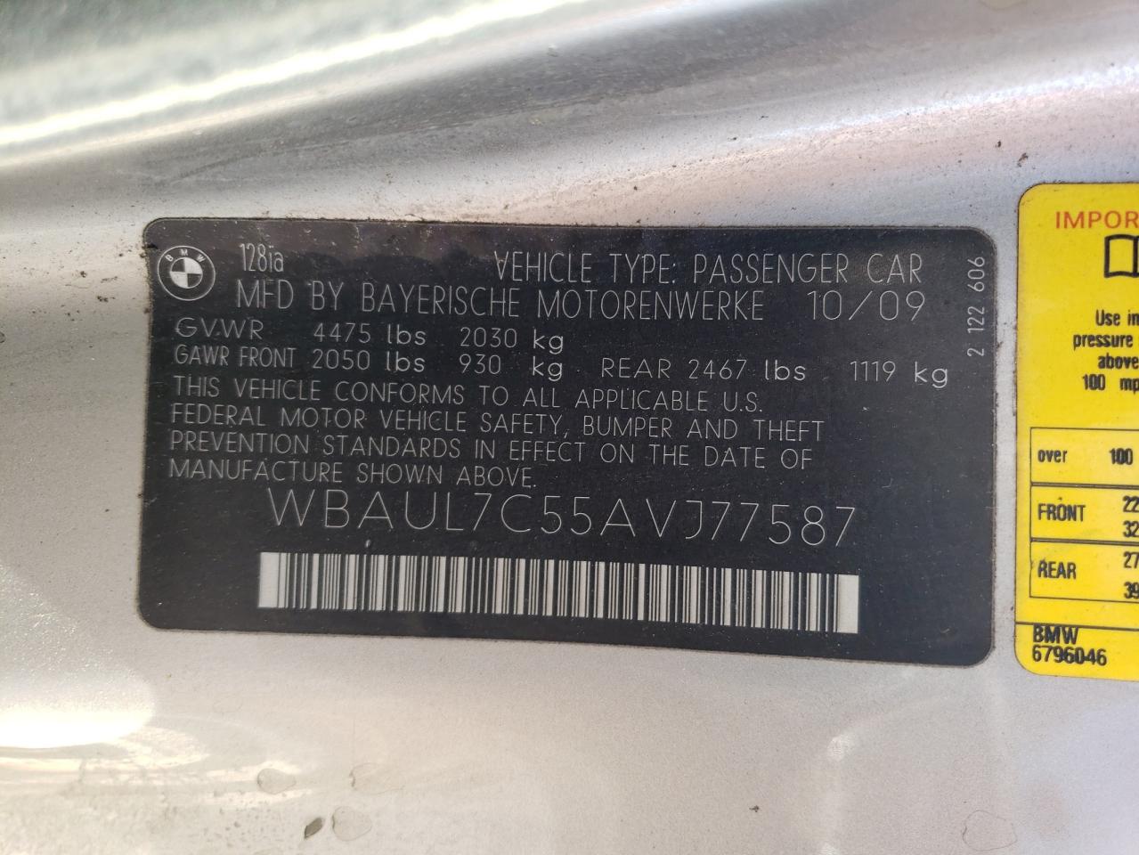 2010 BMW 128 I VIN: WBAUL7C55AVJ77587 Lot: 80278305