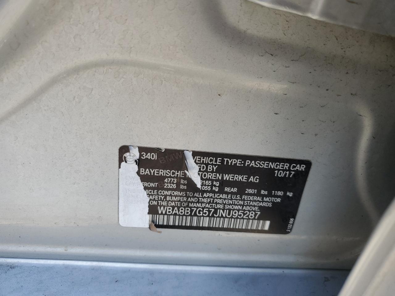 2018 BMW 340 Xi VIN: WBA8B7G57JNU95287 Lot: 81185775
