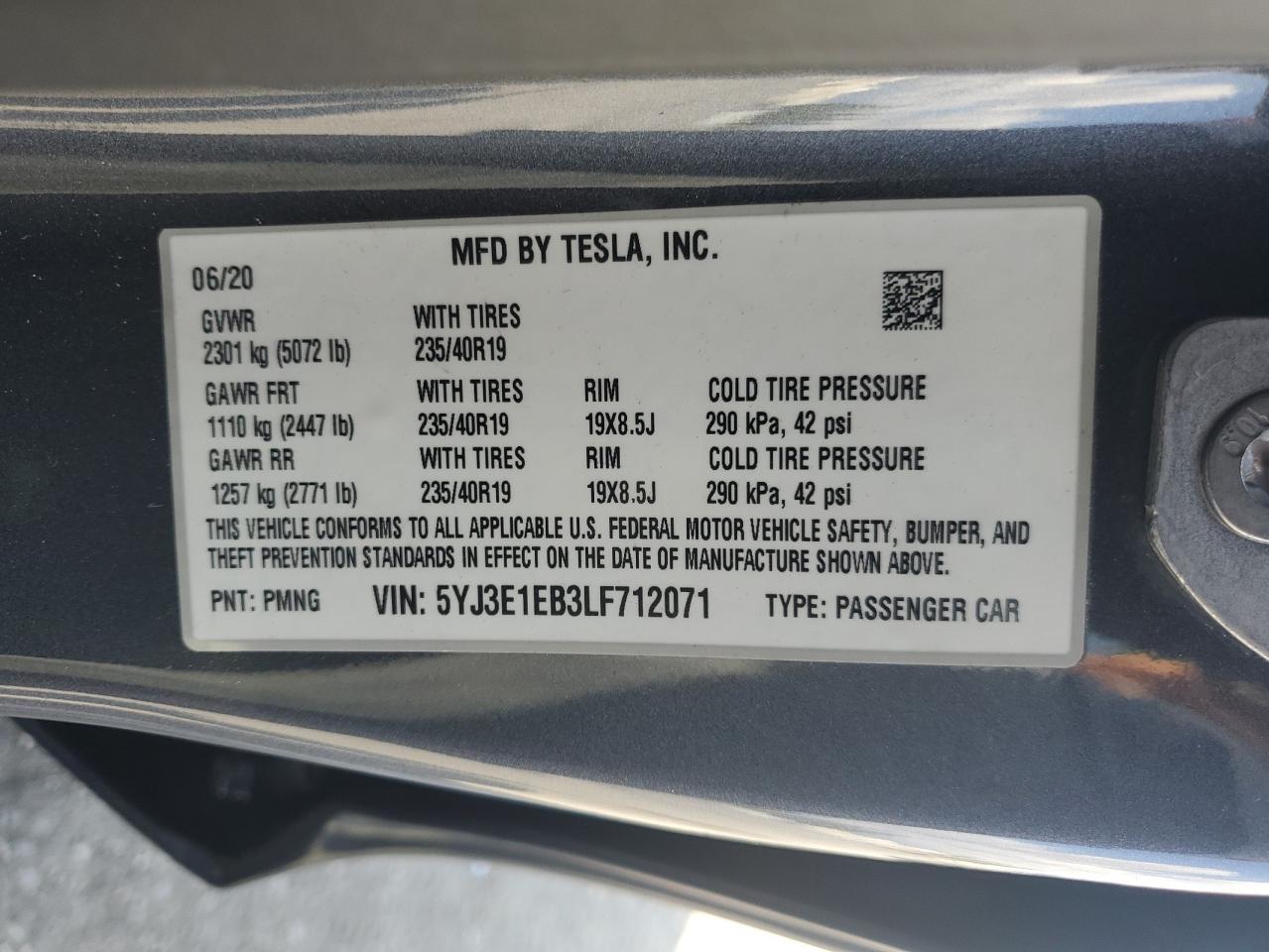 2020 Tesla Model 3 VIN: 5YJ3E1EB3LF712071 Lot: 71624365