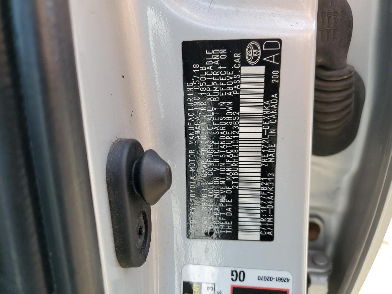 2018 Toyota Corolla L VIN: 2T1BURHE8JC123652 Lot: 80514215