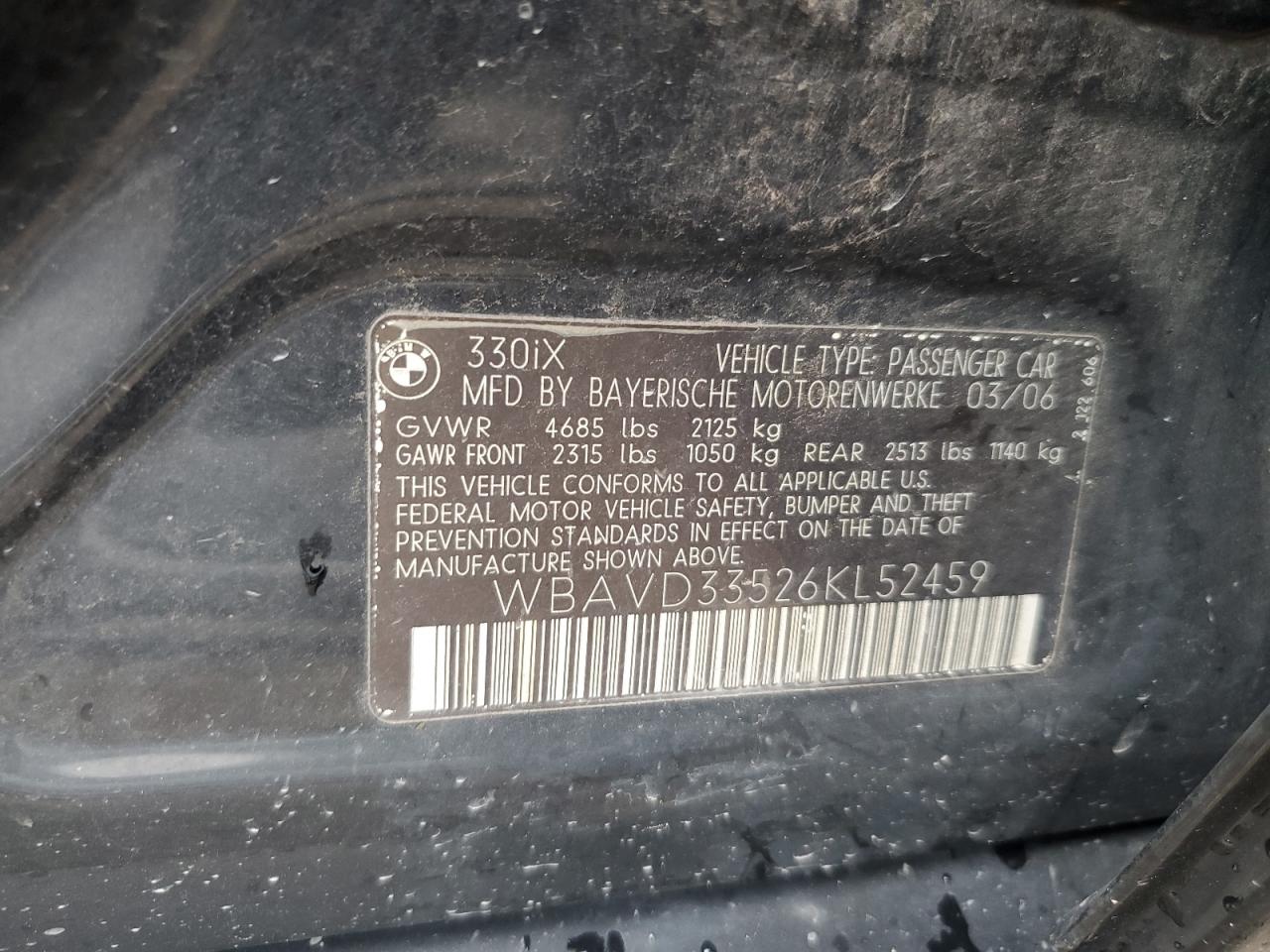 2006 BMW 330 Xi VIN: WBAVD33526KL52459 Lot: 81014345