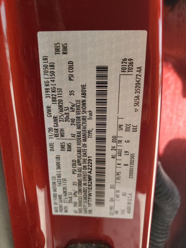 2021 Ford F150 Supercrew VIN: 1FTFW1E82MFA22291 Lot: 84619505