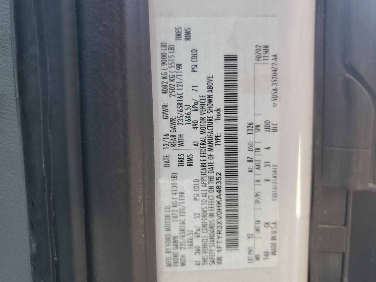 2017 Ford Transit T-250 VIN: 1FTYR3XV0HKA48352 Lot: 84471035