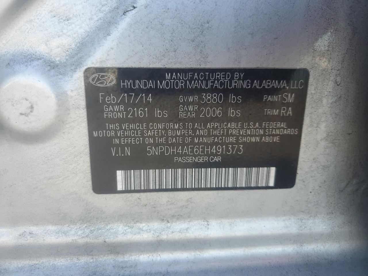 2014 Hyundai Elantra Se VIN: 5NPDH4AE6EH491373 Lot: 80926535
