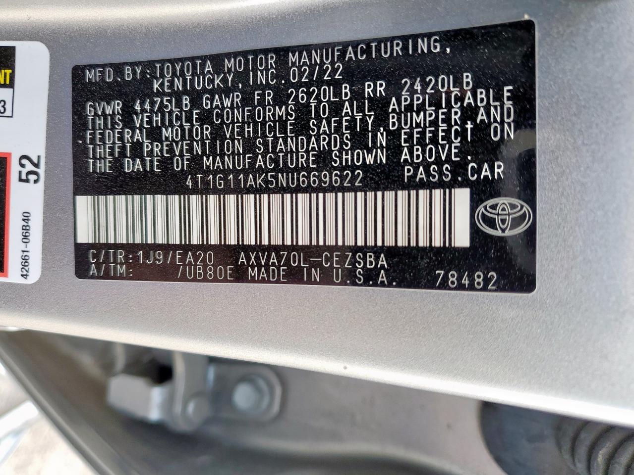 2022 Toyota Camry Se VIN: 4T1G11AK5NU669622 Lot: 81820025