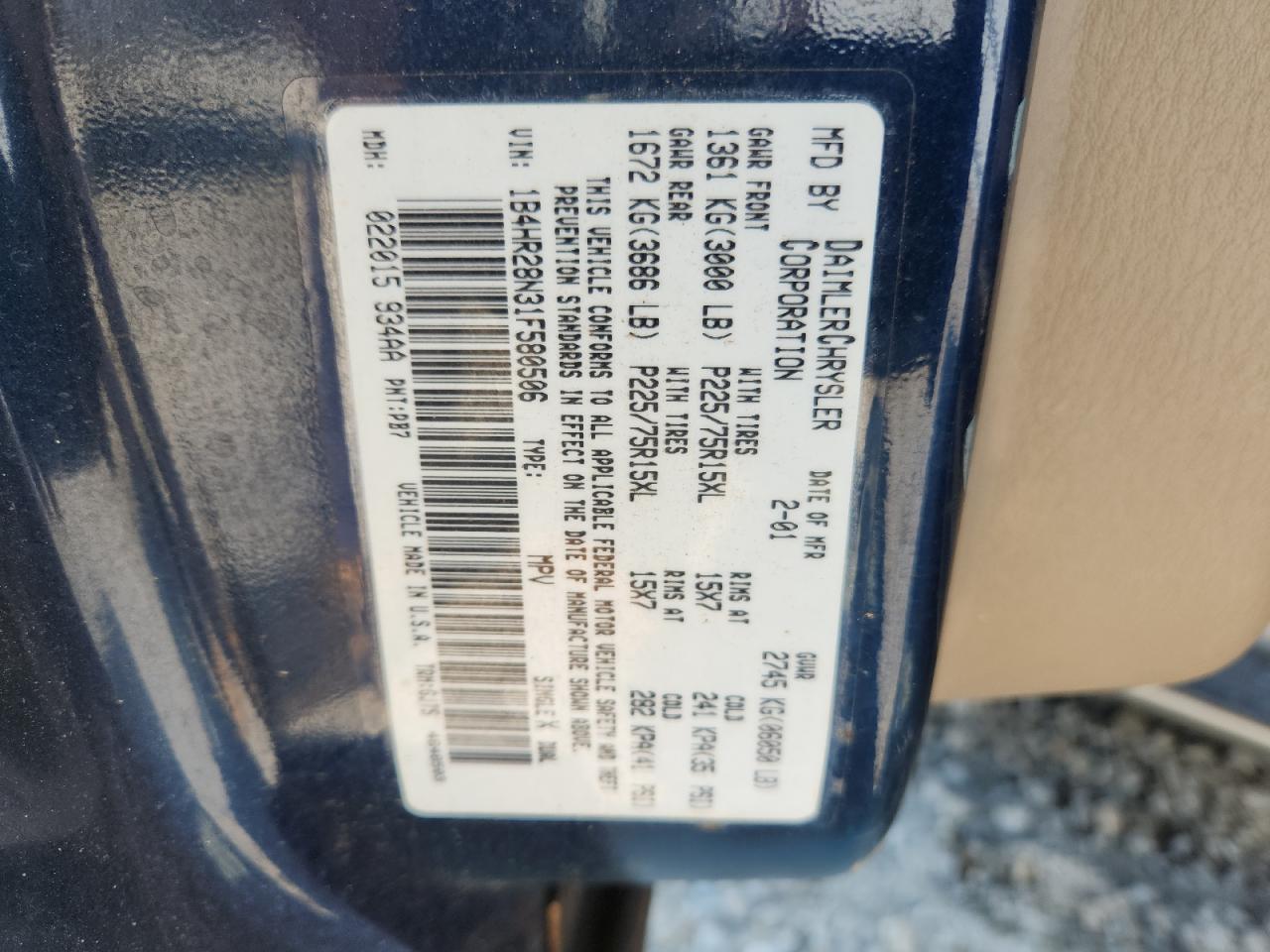 2001 Dodge Durango VIN: 1B4HR28N31F580506 Lot: 81593775