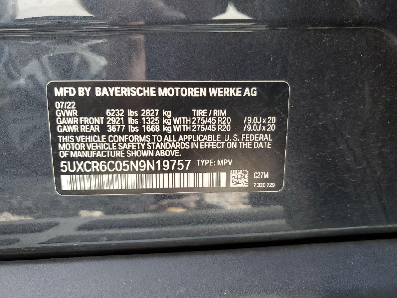 2022 BMW X5 xDrive40I VIN: 5UXCR6C05N9N19757 Lot: 81564455