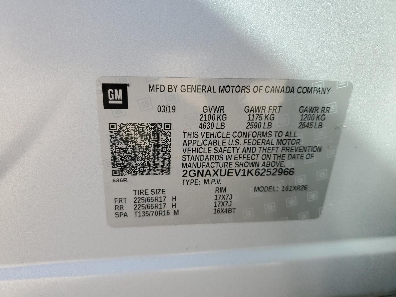 2019 Chevrolet Equinox Lt VIN: 2GNAXUEV1K6252966 Lot: 80289535