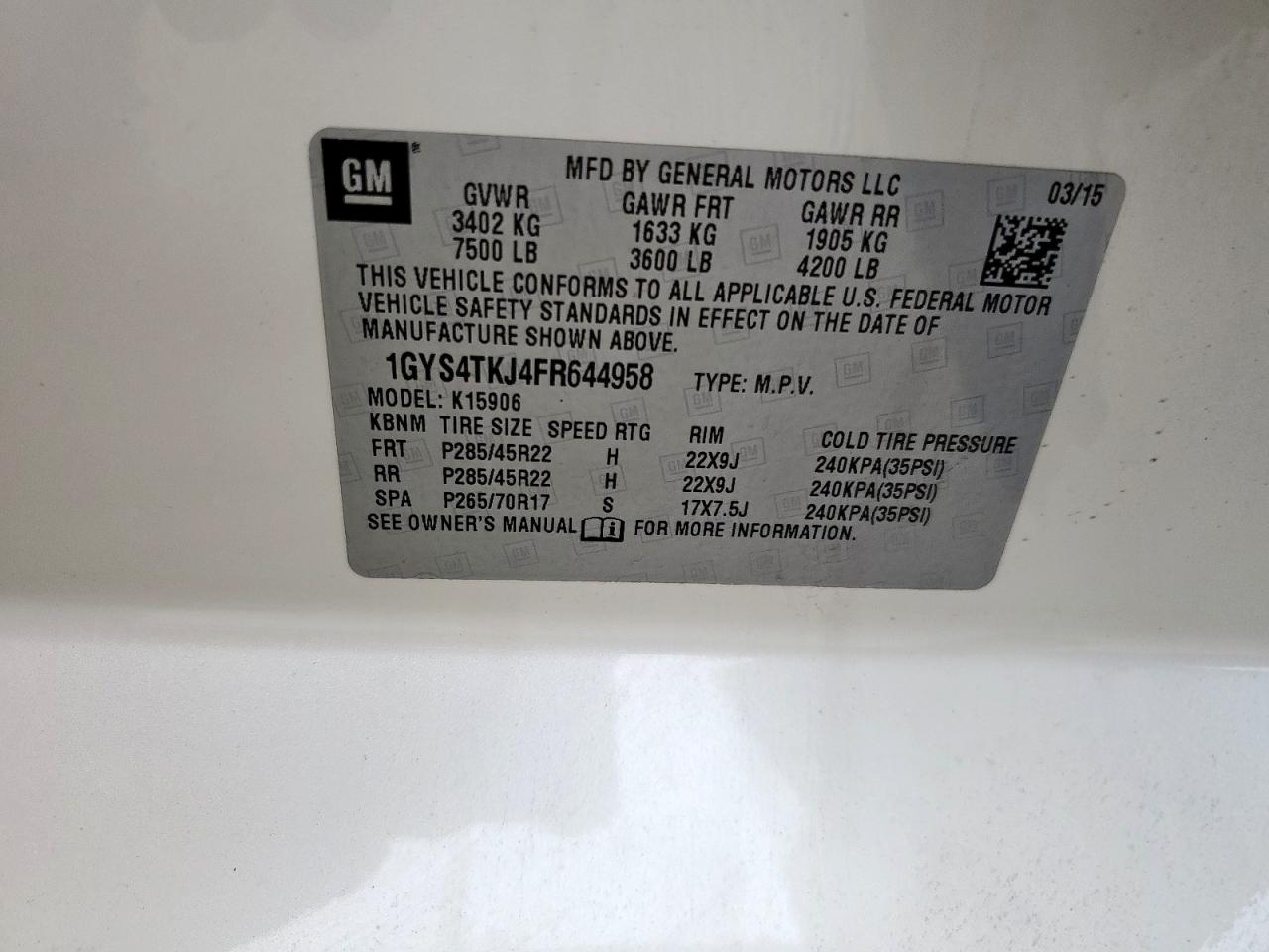 2015 Cadillac Escalade Esv Premium VIN: 1GYS4TKJ4FR644958 Lot: 81699725