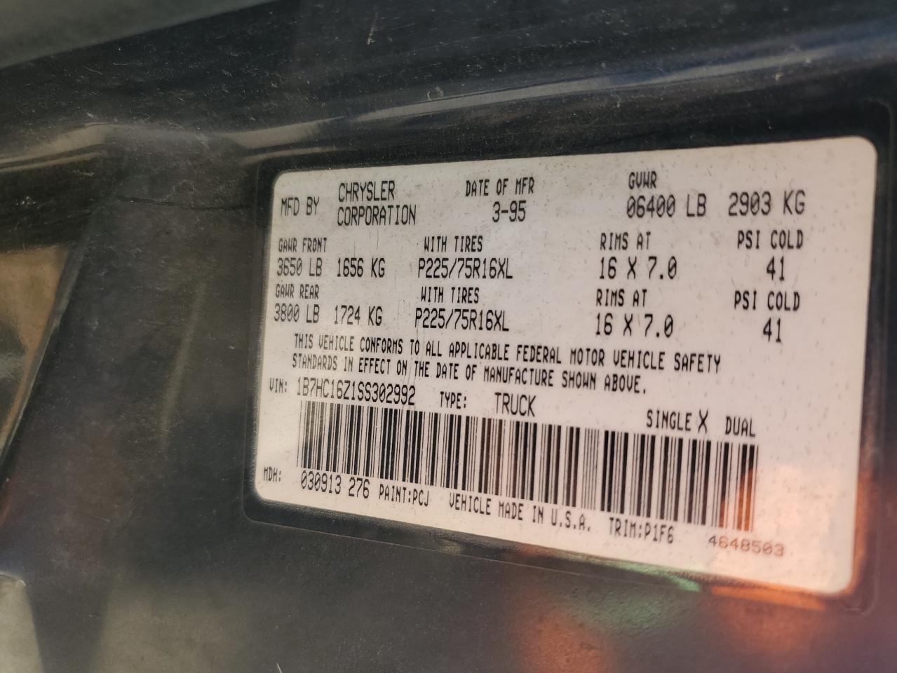 1995 Dodge Ram 1500 VIN: 1B7HC16Z1SS302992 Lot: 80783935