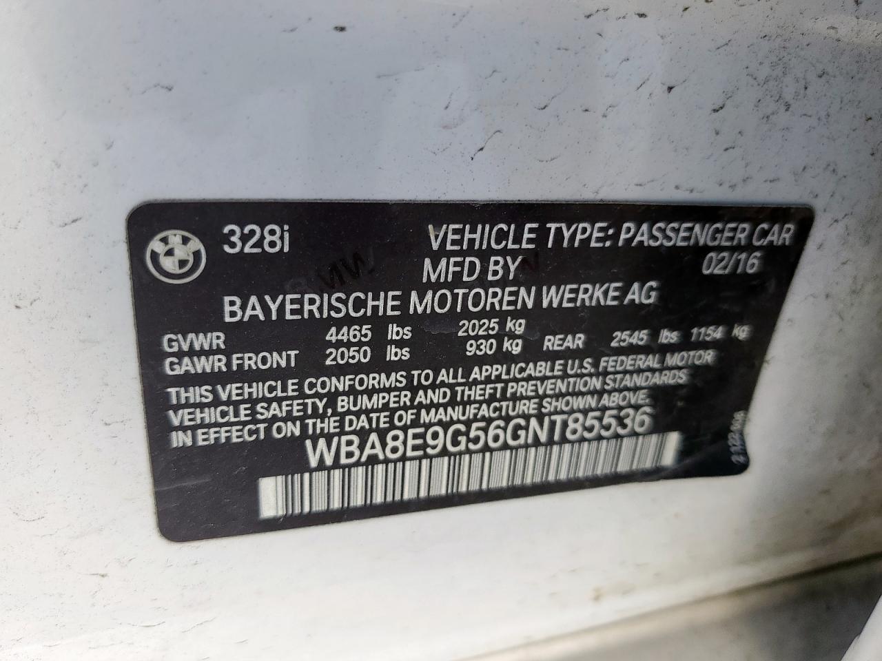 2016 BMW 328 I Sulev VIN: WBA8E9G56GNT85536 Lot: 80825245