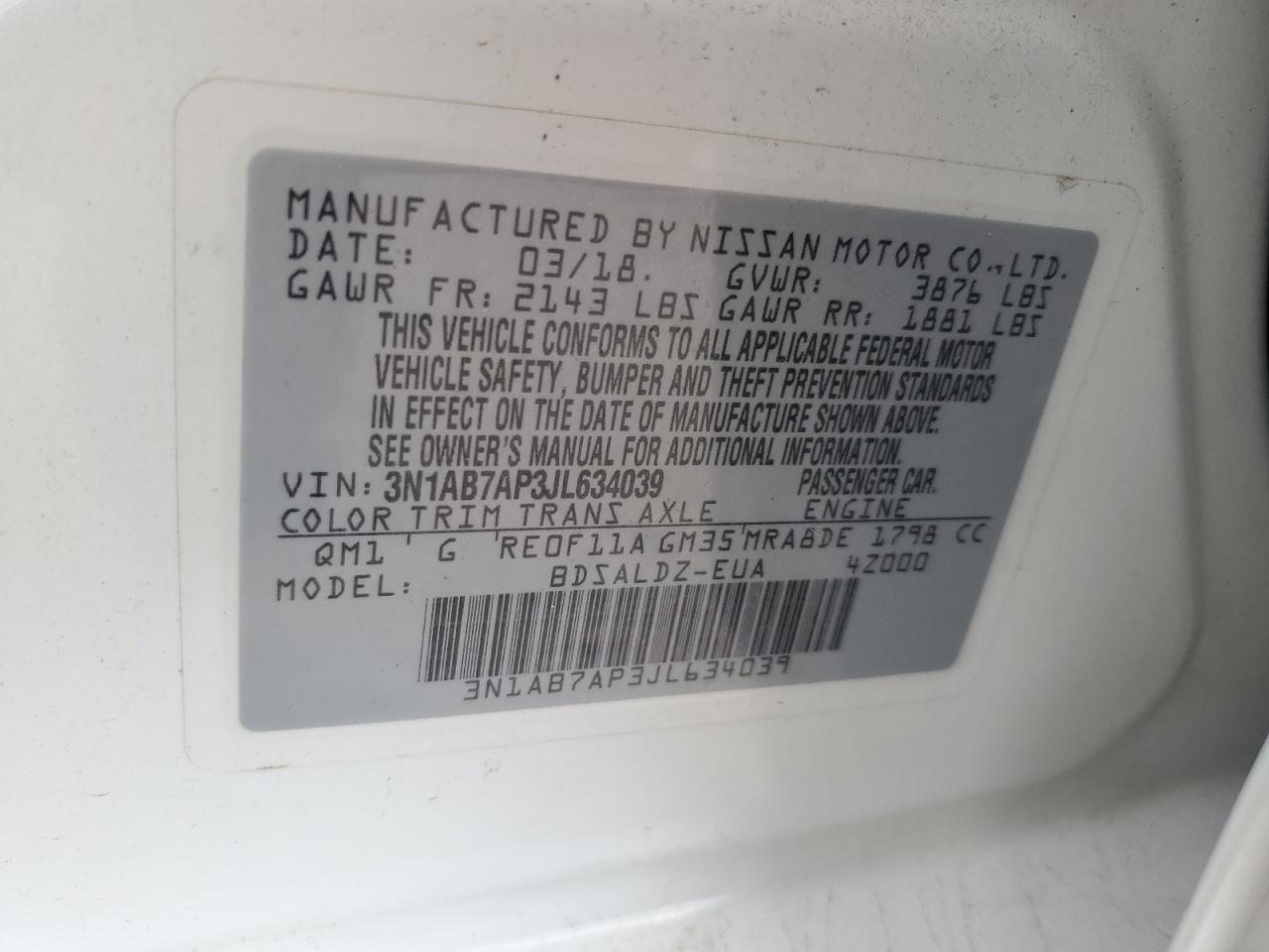 2018 Nissan Sentra S VIN: 3N1AB7AP3JL634039 Lot: 80847225