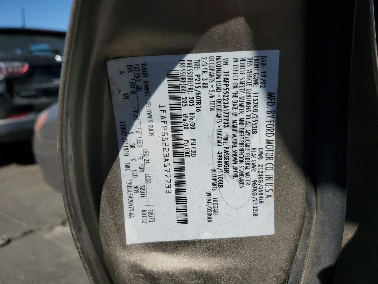 2003 Ford Taurus Ses VIN: 1FAFP55223A177733 Lot: 80860795