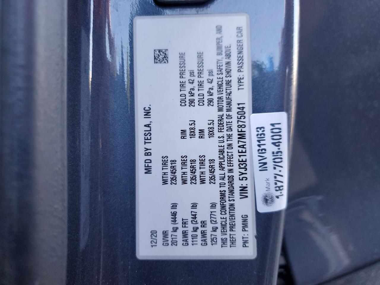 2021 Tesla Model 3 VIN: 5YJ3E1EA7MF875041 Lot: 80198185