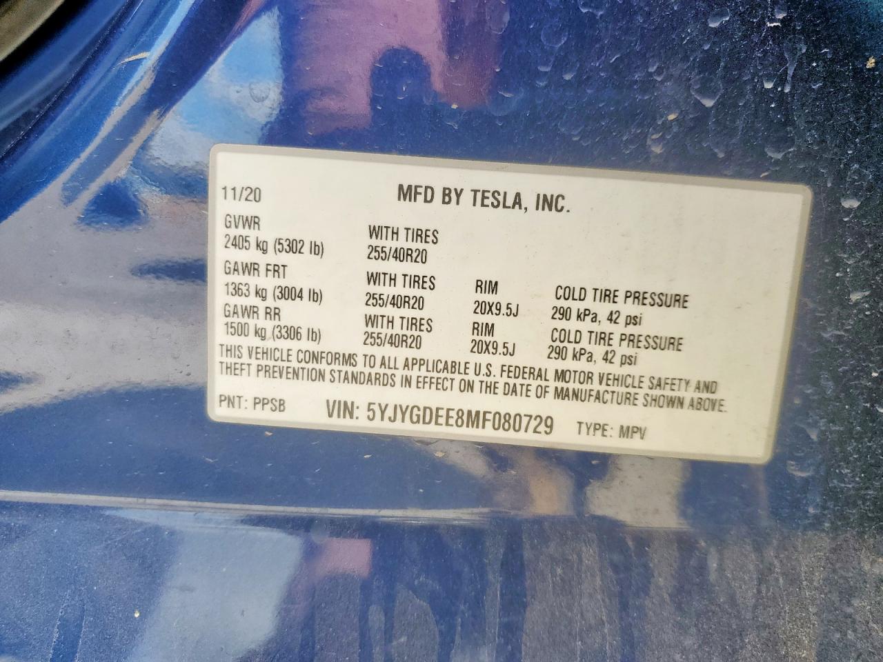 2021 Tesla Model Y VIN: 5YJYGDEE8MF080729 Lot: 84159995