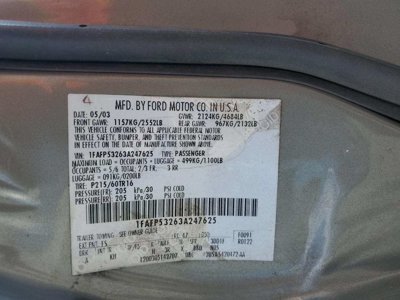 2003 Ford Taurus Se VIN: 1FAFP53263A247625 Lot: 71111075