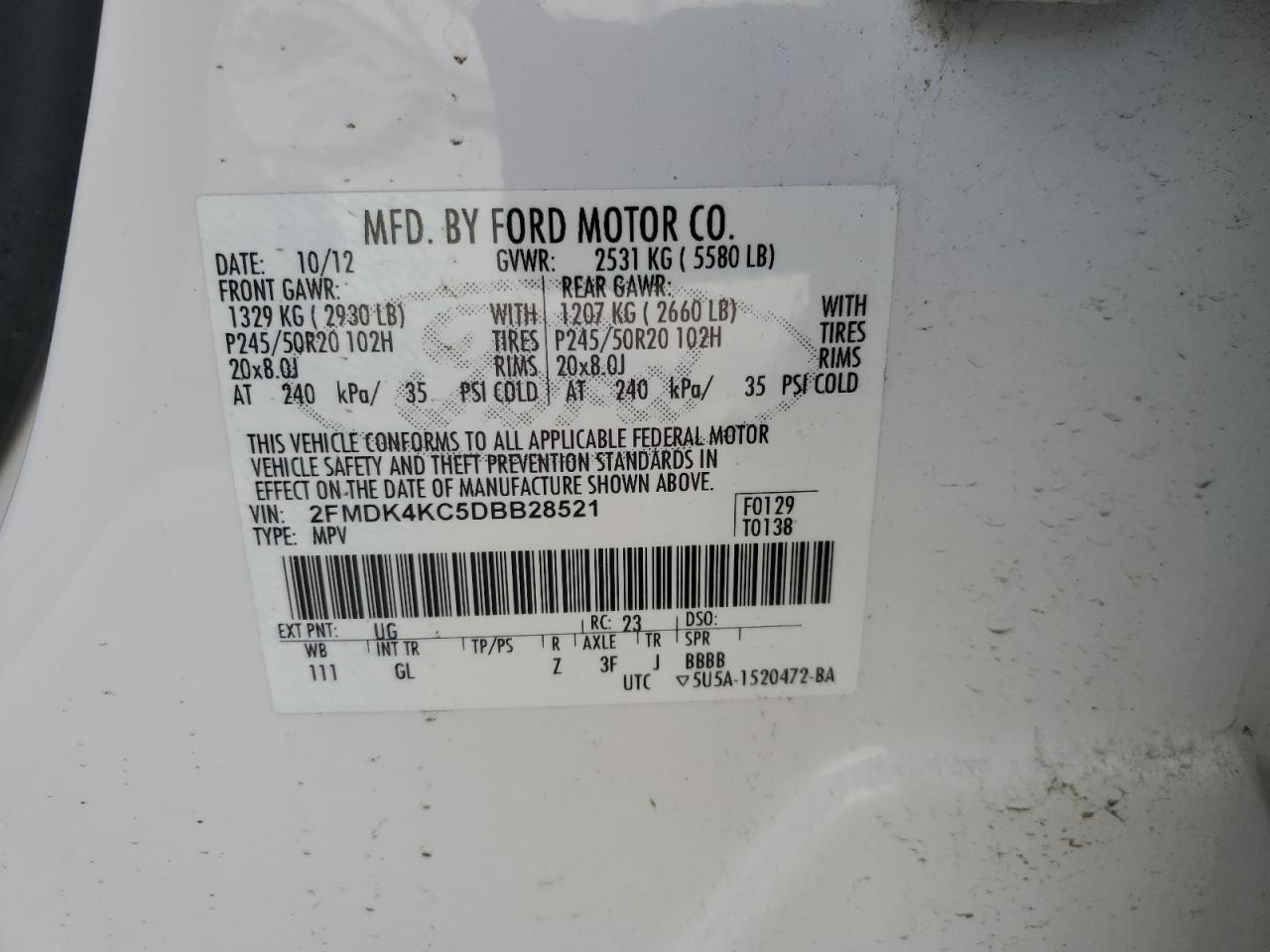 2013 Ford Edge Limited VIN: 2FMDK4KC5DBB28521 Lot: 80543625