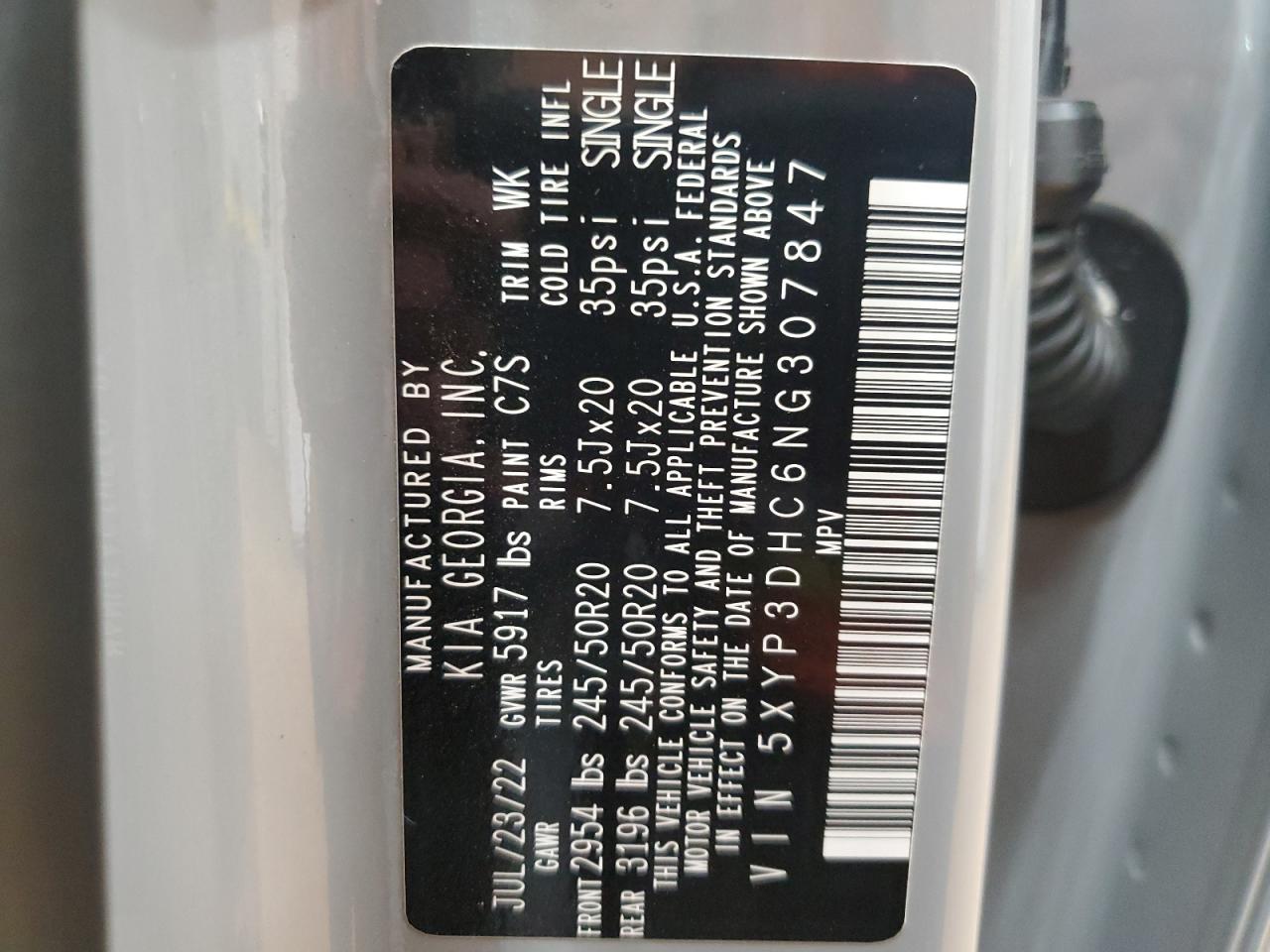 2022 Kia Telluride Ex VIN: 5XYP3DHC6NG307847 Lot: 70957855