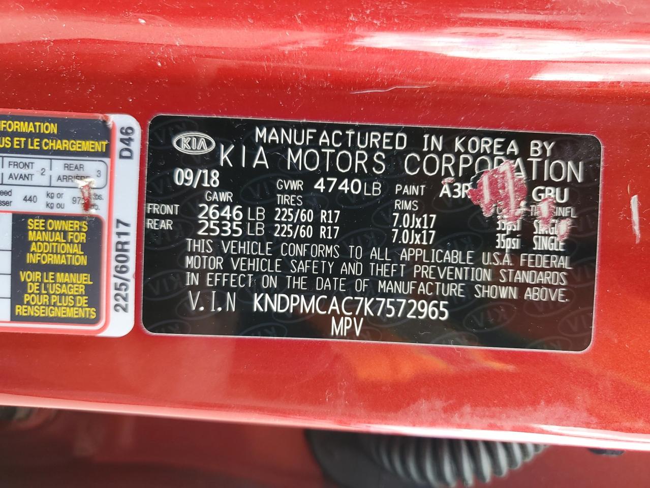 2019 Kia Sportage Lx VIN: KNDPMCAC7K7572965 Lot: 70870905