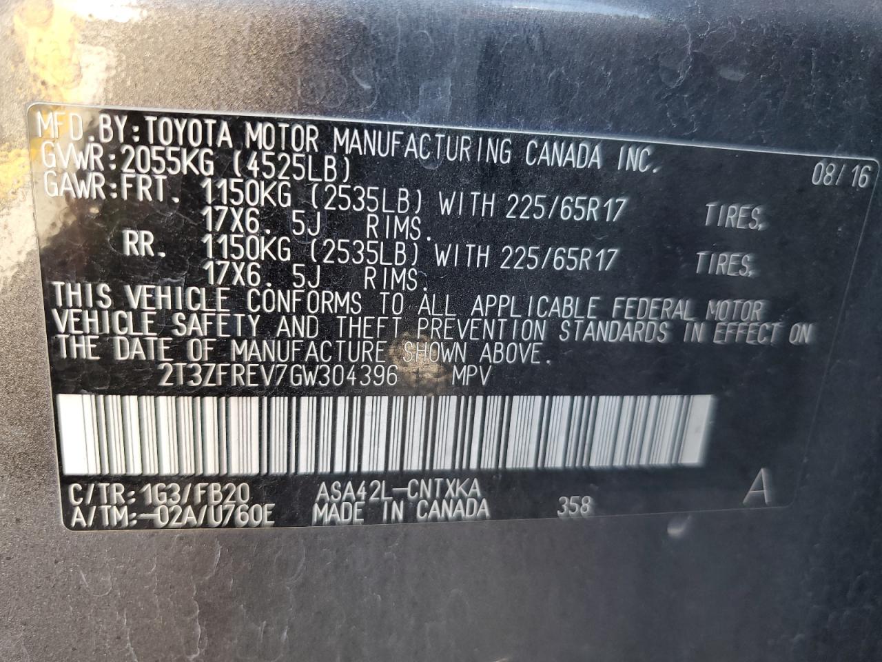 2016 Toyota Rav4 Le VIN: 2T3ZFREV7GW304396 Lot: 84617685