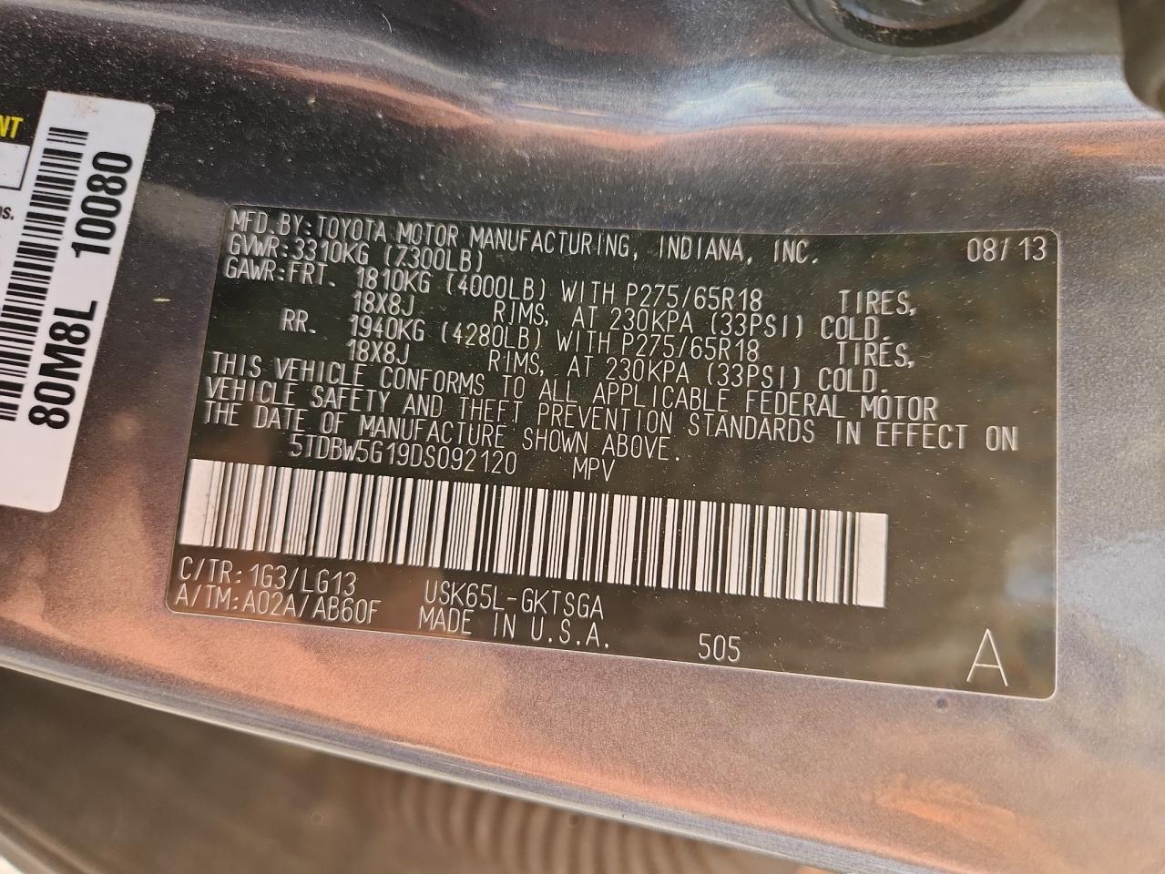 2013 Toyota Sequoia Sr5 VIN: 5TDBW5G19DS092120 Lot: 70727345