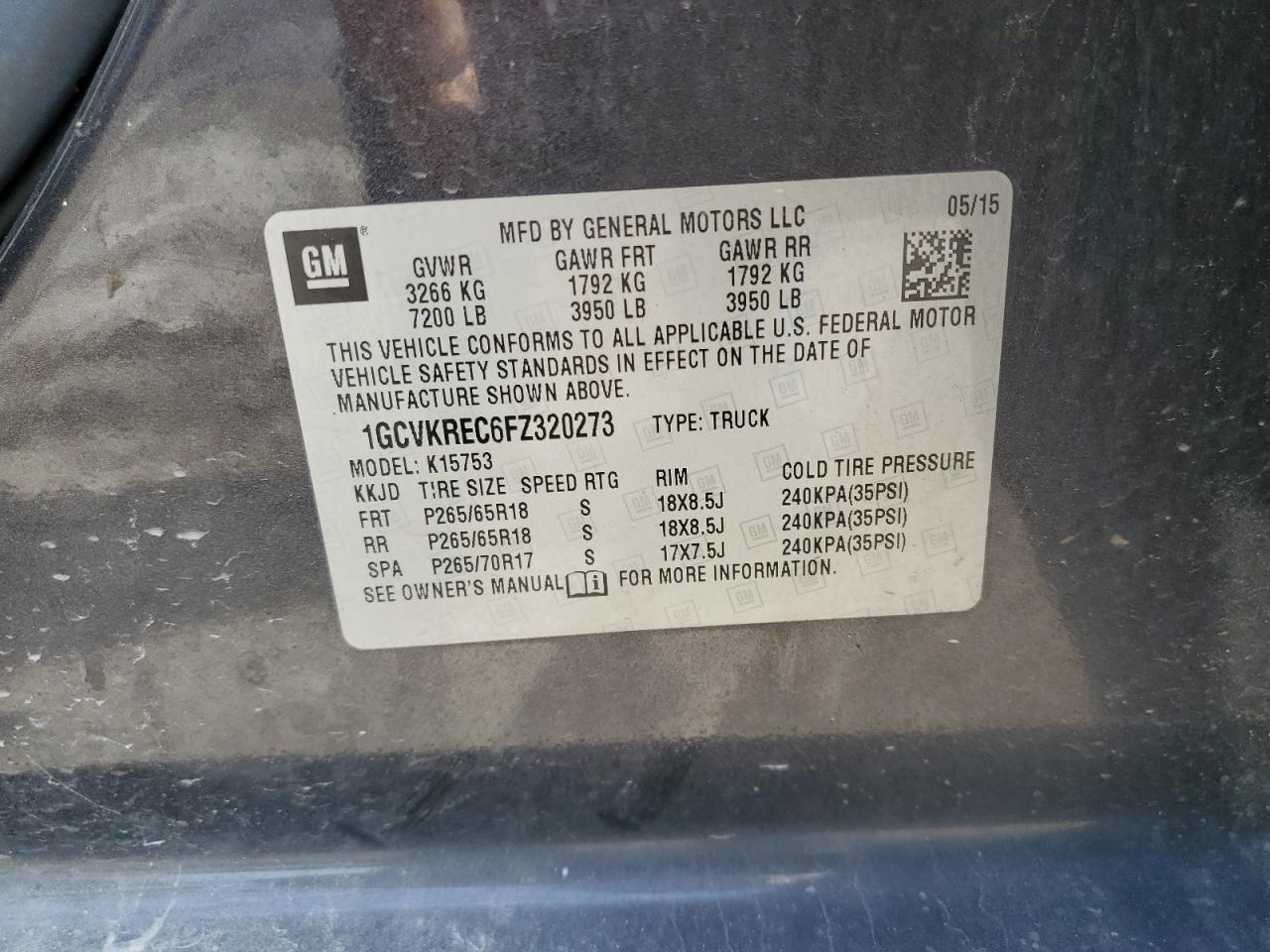 2015 Chevrolet Silverado K1500 Lt VIN: 1GCVKREC6FZ320273 Lot: 80441975