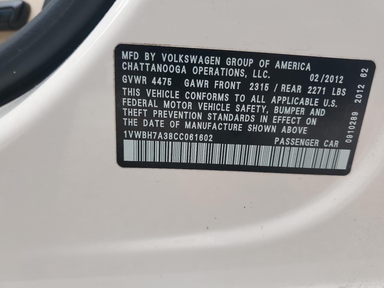 2012 Volkswagen Passat Se VIN: 1VWBH7A38CC061602 Lot: 80095465