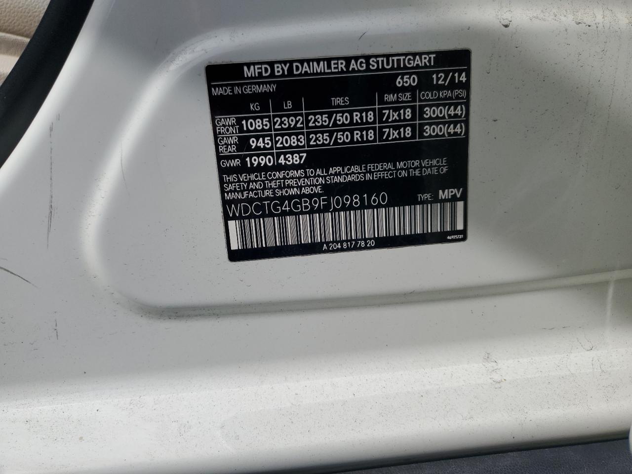 2015 Mercedes-Benz Gla 250 4Matic VIN: WDCTG4GB9FJ098160 Lot: 84210885