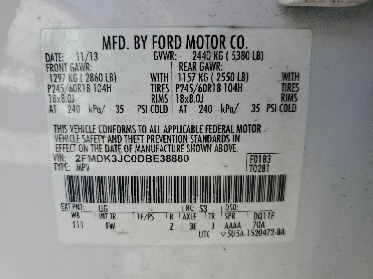 2013 Ford Edge Sel VIN: 2FMDK3JC0DBE38880 Lot: 71615515