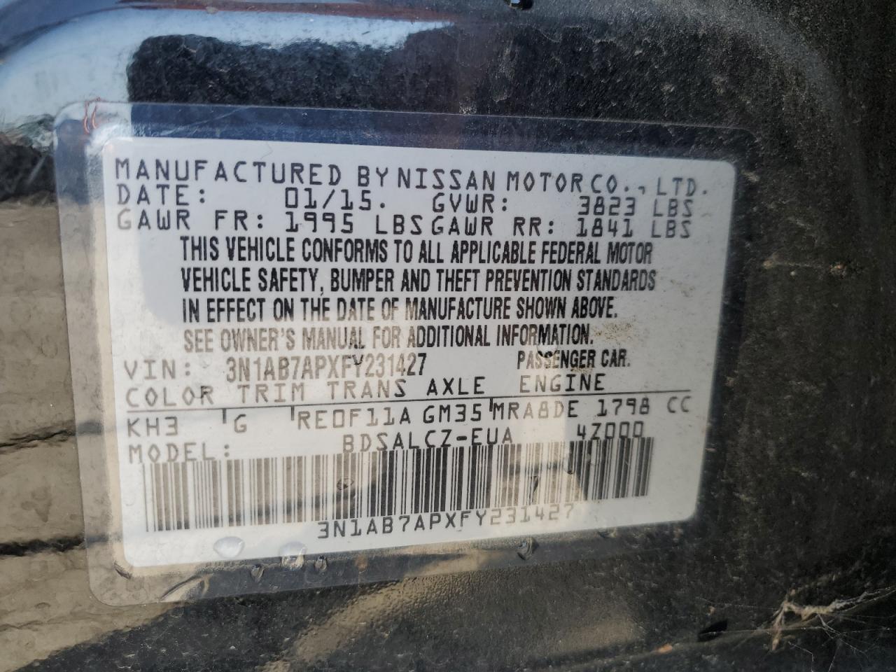 2015 Nissan Sentra S VIN: 3N1AB7APXFY231427 Lot: 81335895