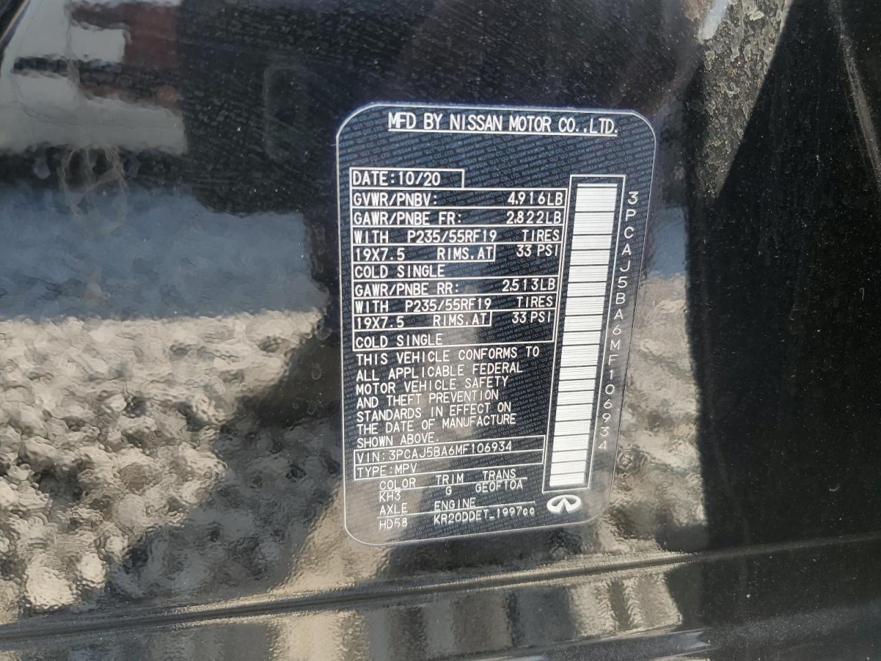 2021 Infiniti Qx50 Luxe VIN: 3PCAJ5BA6MF106934 Lot: 81046095