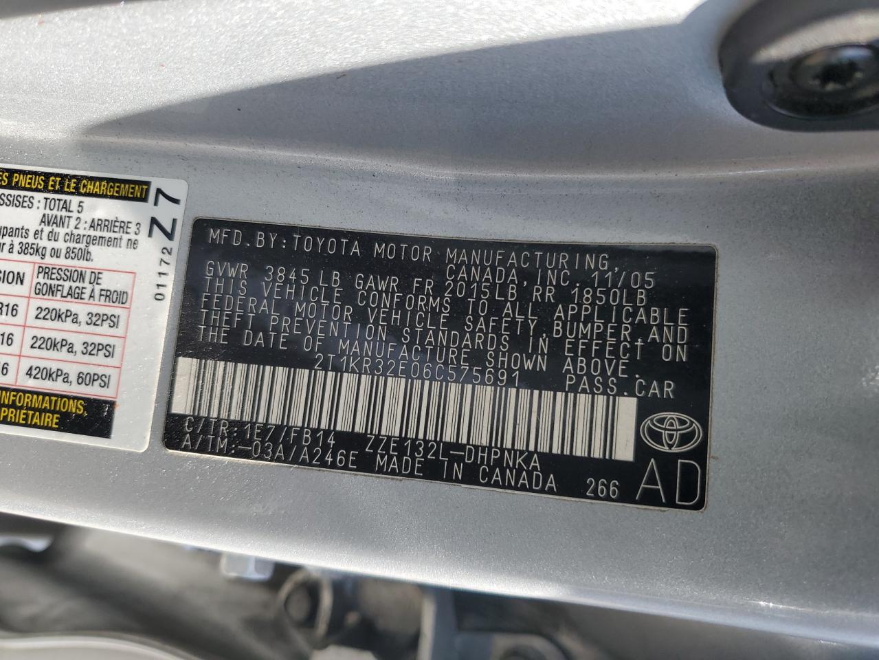 2006 Toyota Corolla Matrix Xr VIN: 2T1KR32E06C575691 Lot: 71362085