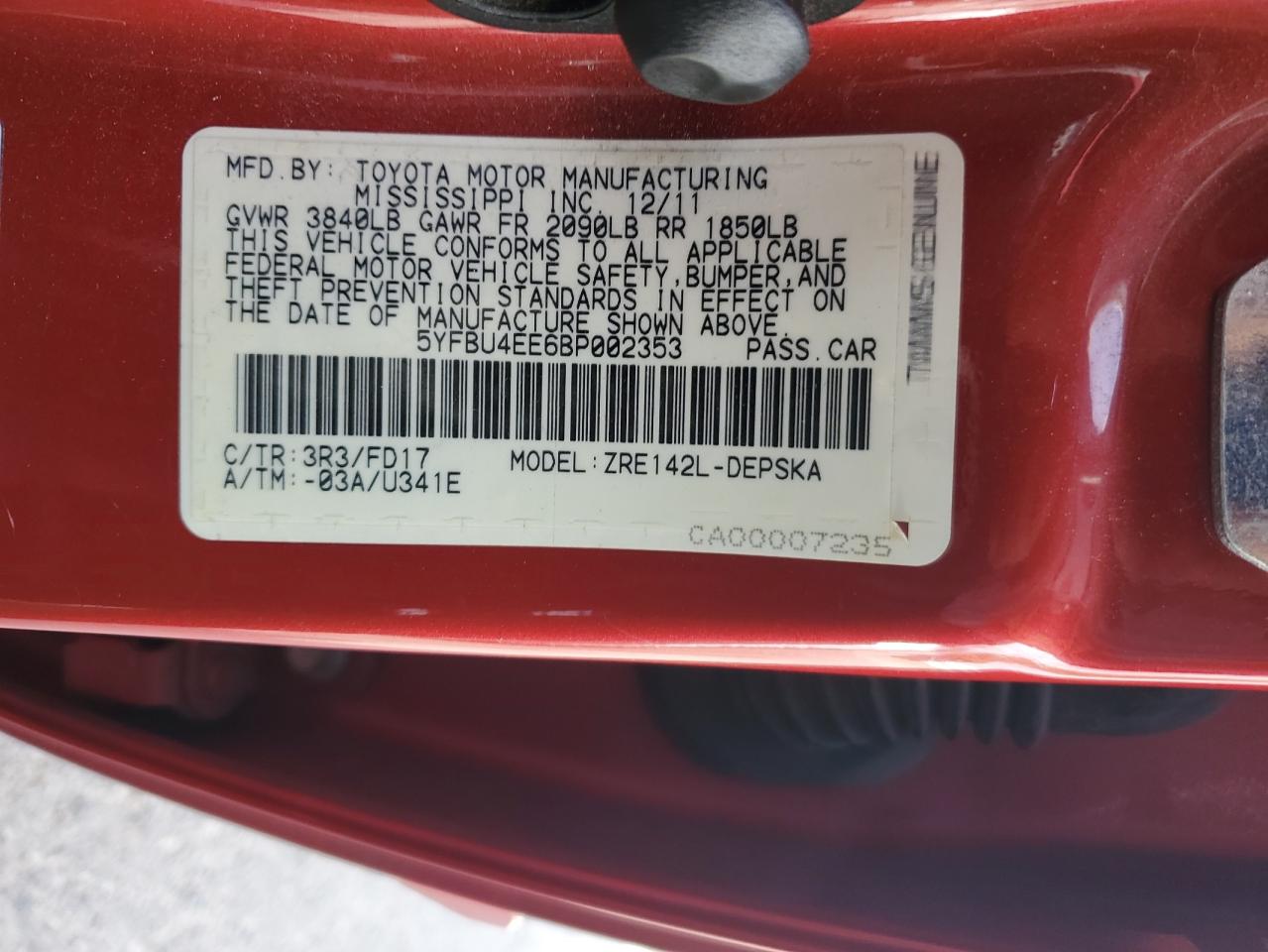 2011 Toyota Corolla Base VIN: 5YFBU4EE6BP002353 Lot: 81924515