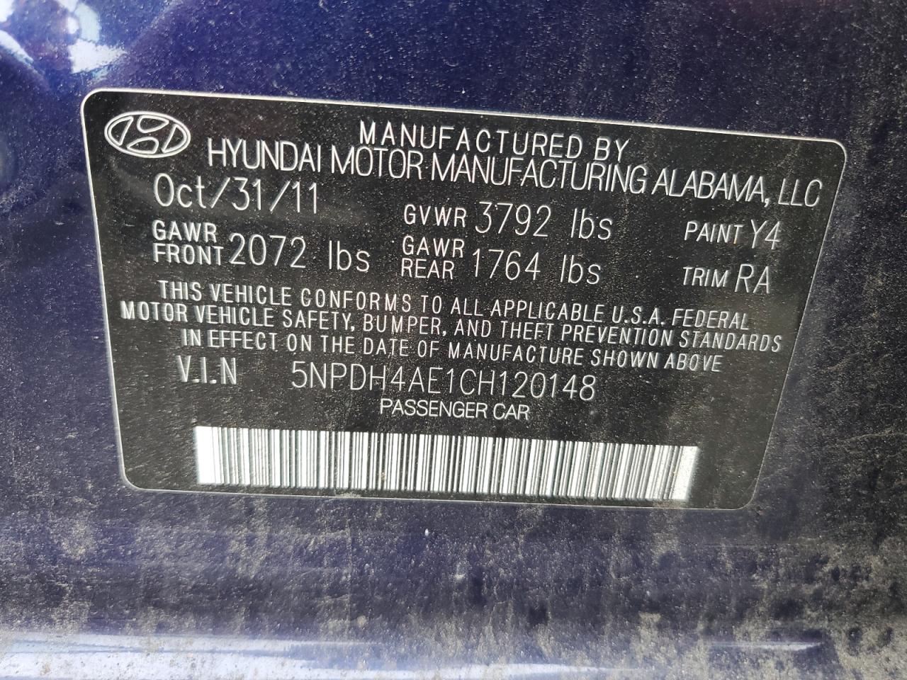 2012 Hyundai Elantra Gls VIN: 5NPDH4AE1CH120148 Lot: 83805125