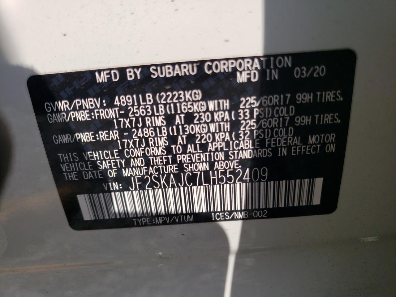 2020 Subaru Forester Premium VIN: JF2SKAJC7LH552409 Lot: 71125575