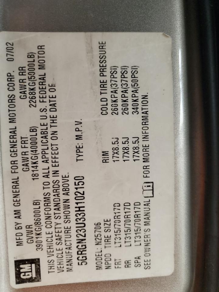 2003 Hummer H2 VIN: 5GRGN23U33H102150 Lot: 84814505