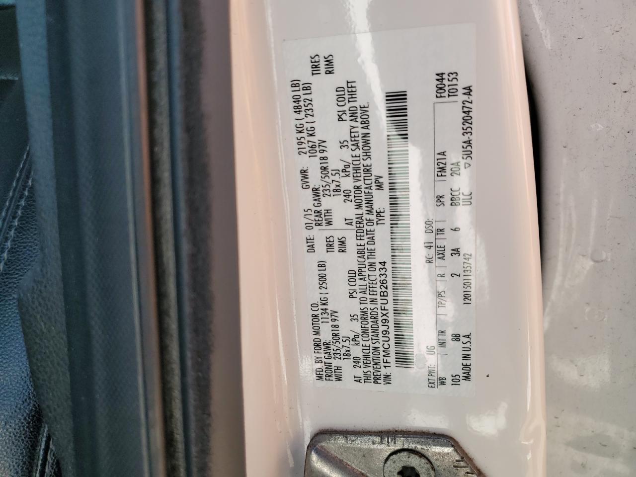 2015 Ford Escape Titanium VIN: 1FMCU9J9XFUB26334 Lot: 80509855