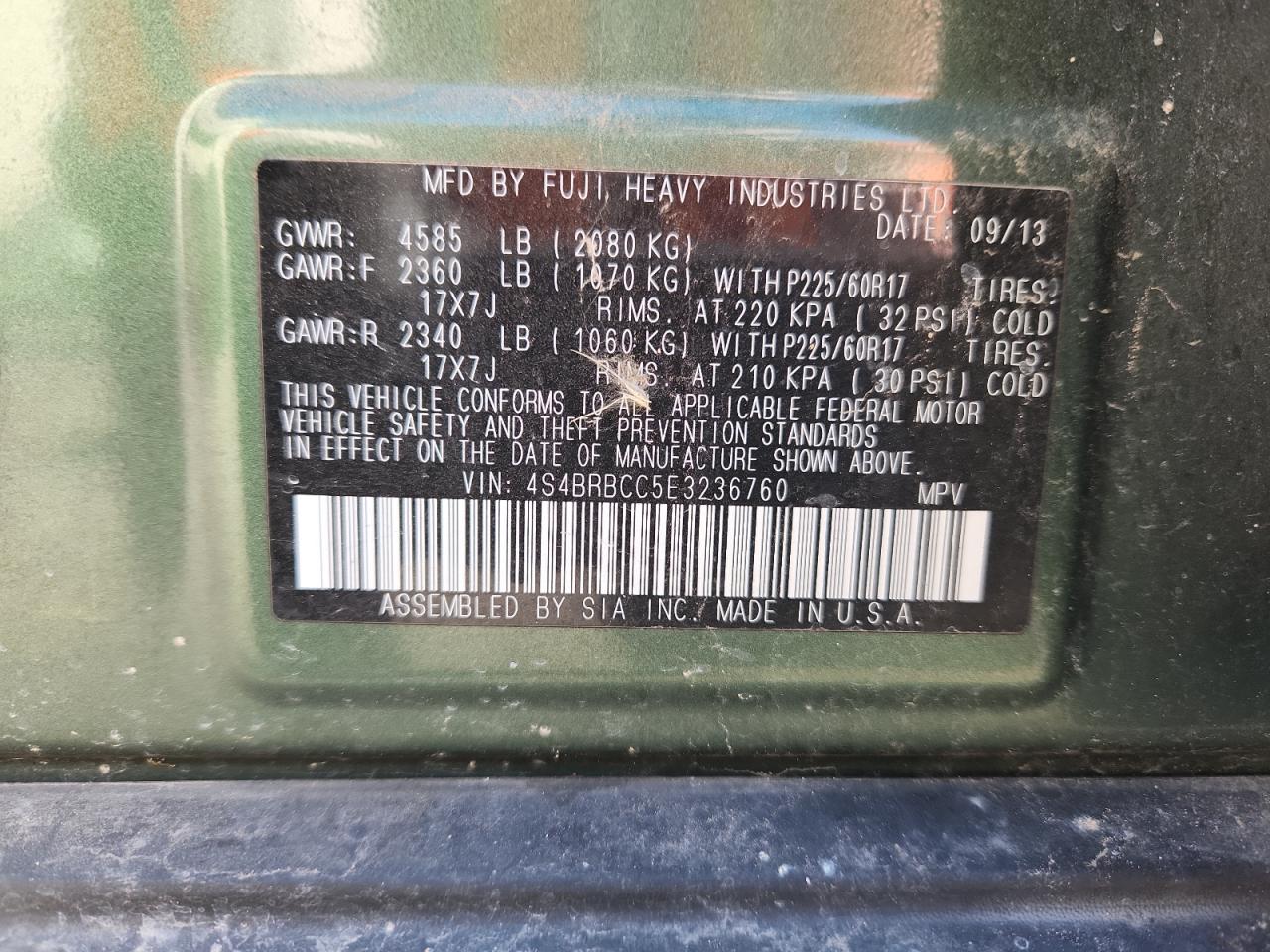 2014 Subaru Outback 2.5I Premium VIN: 4S4BRBCC5E3236760 Lot: 82051405