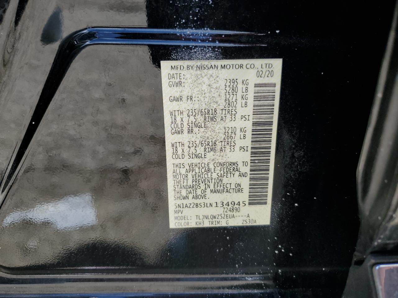 2020 Nissan Murano Sv VIN: 5N1AZ2BS3LN134945 Lot: 80631505