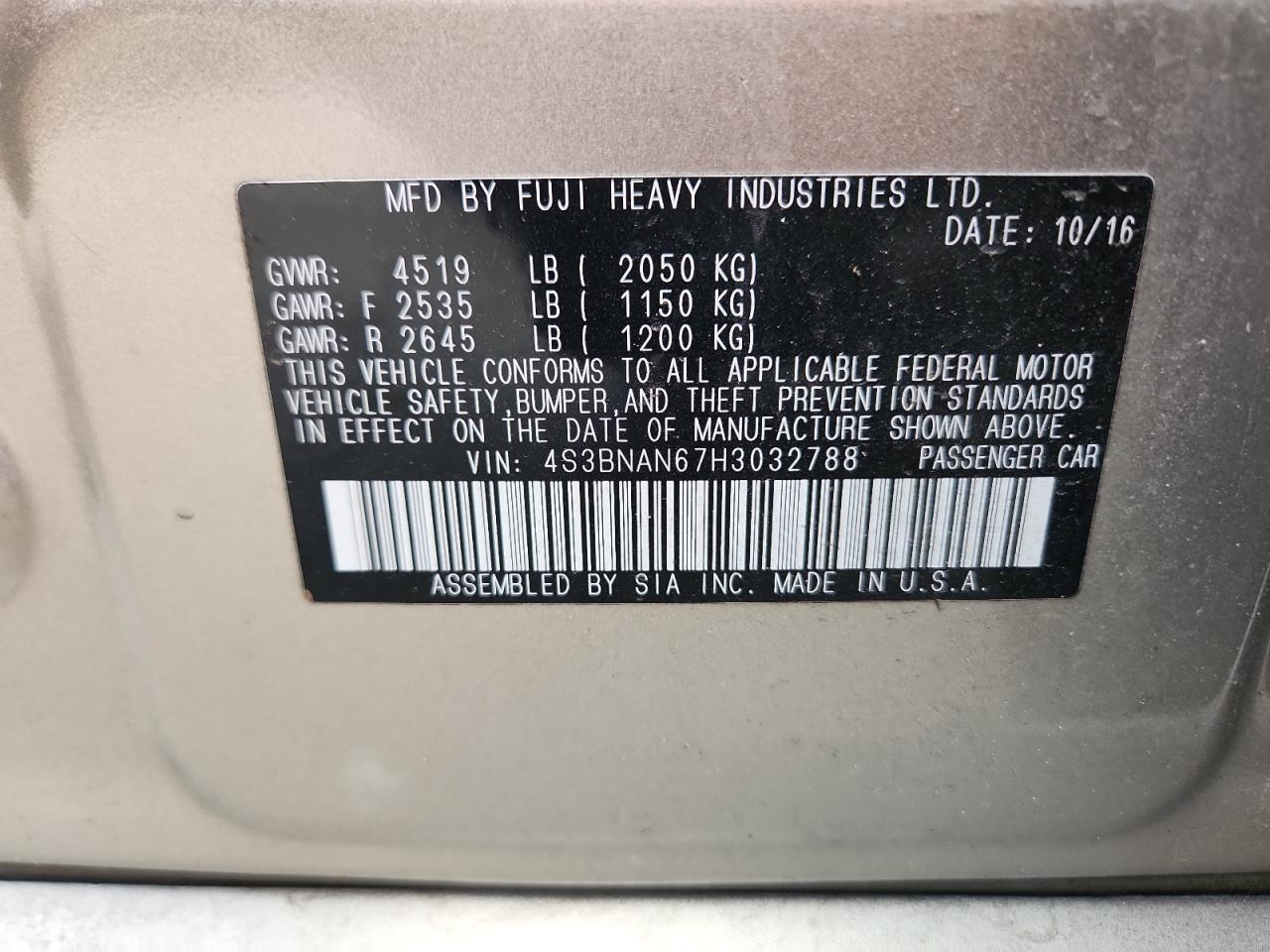 2017 Subaru Legacy 2.5I Limited VIN: 4S3BNAN67H3032788 Lot: 71050125