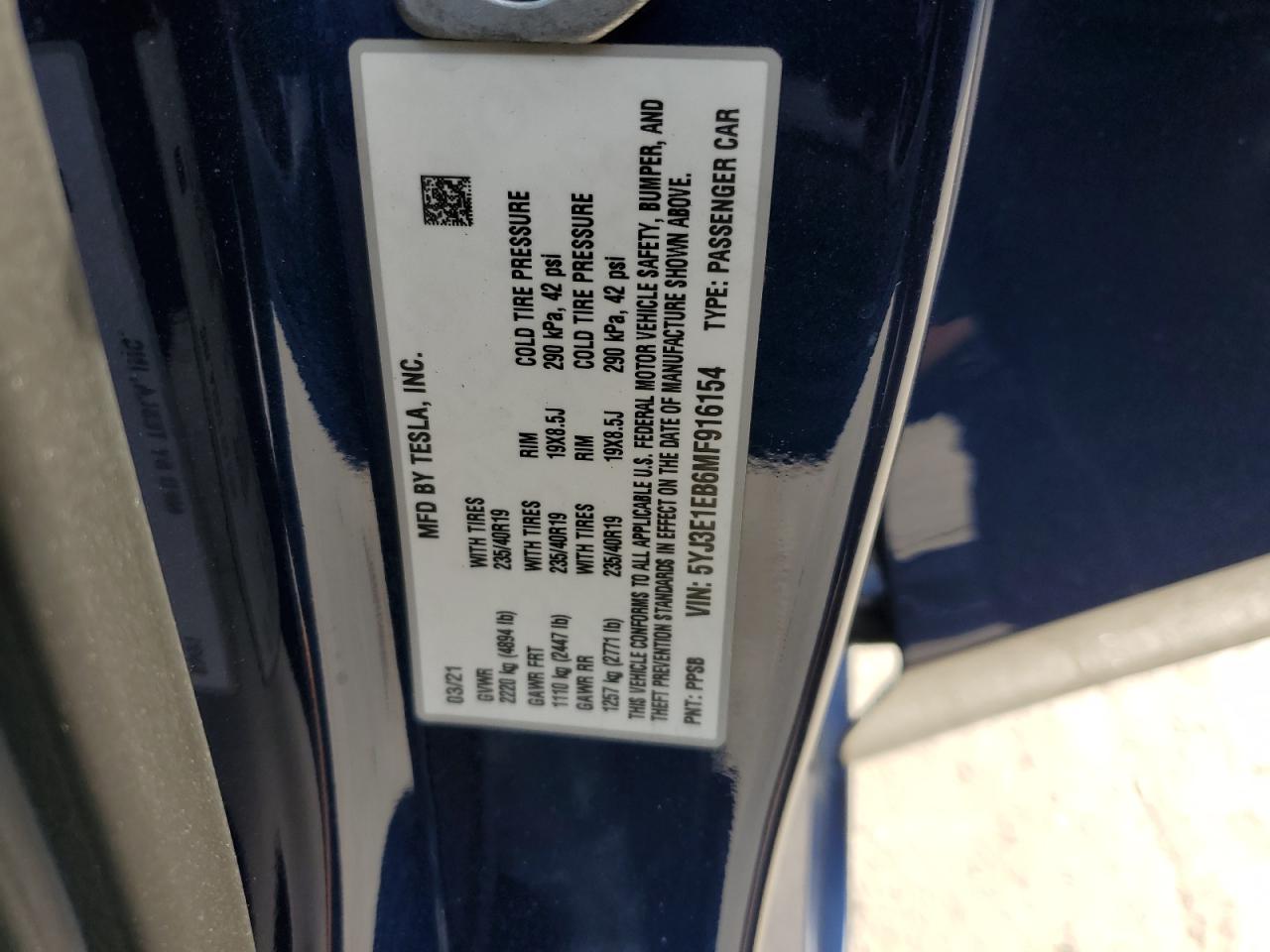 2021 Tesla Model 3 VIN: 5YJ3E1EB6MF916154 Lot: 80914445