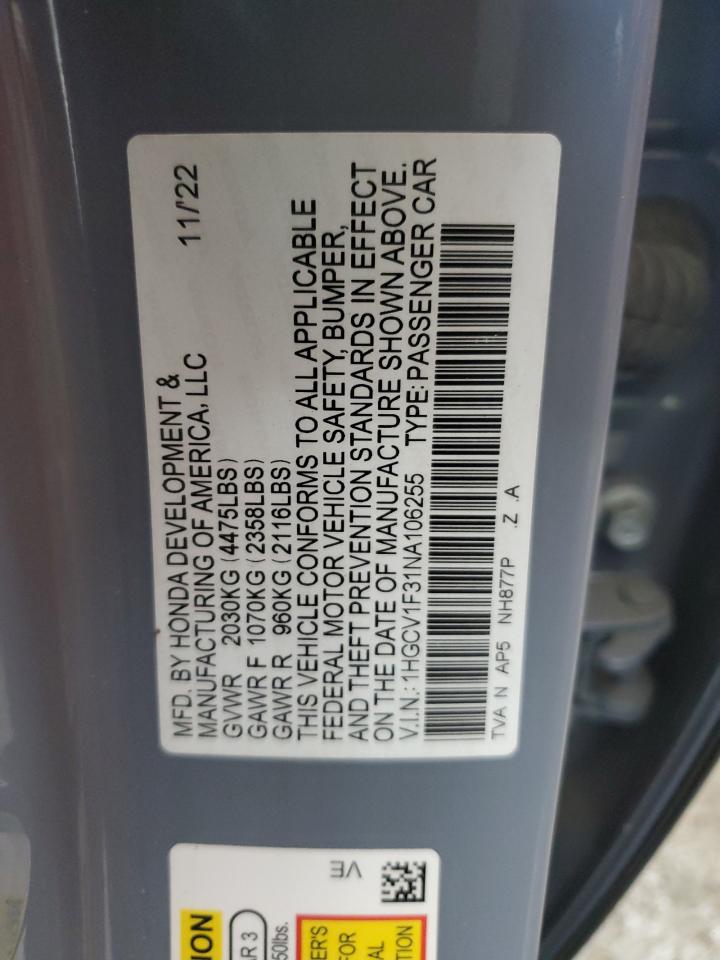 2022 Honda Accord Sport VIN: 1HGCV1F31NA106255 Lot: 80080675