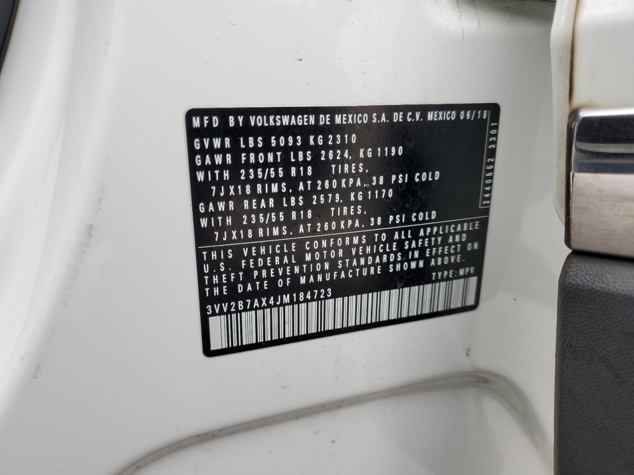 2018 Volkswagen Tiguan Se VIN: 3VV2B7AX4JM184723 Lot: 84053455