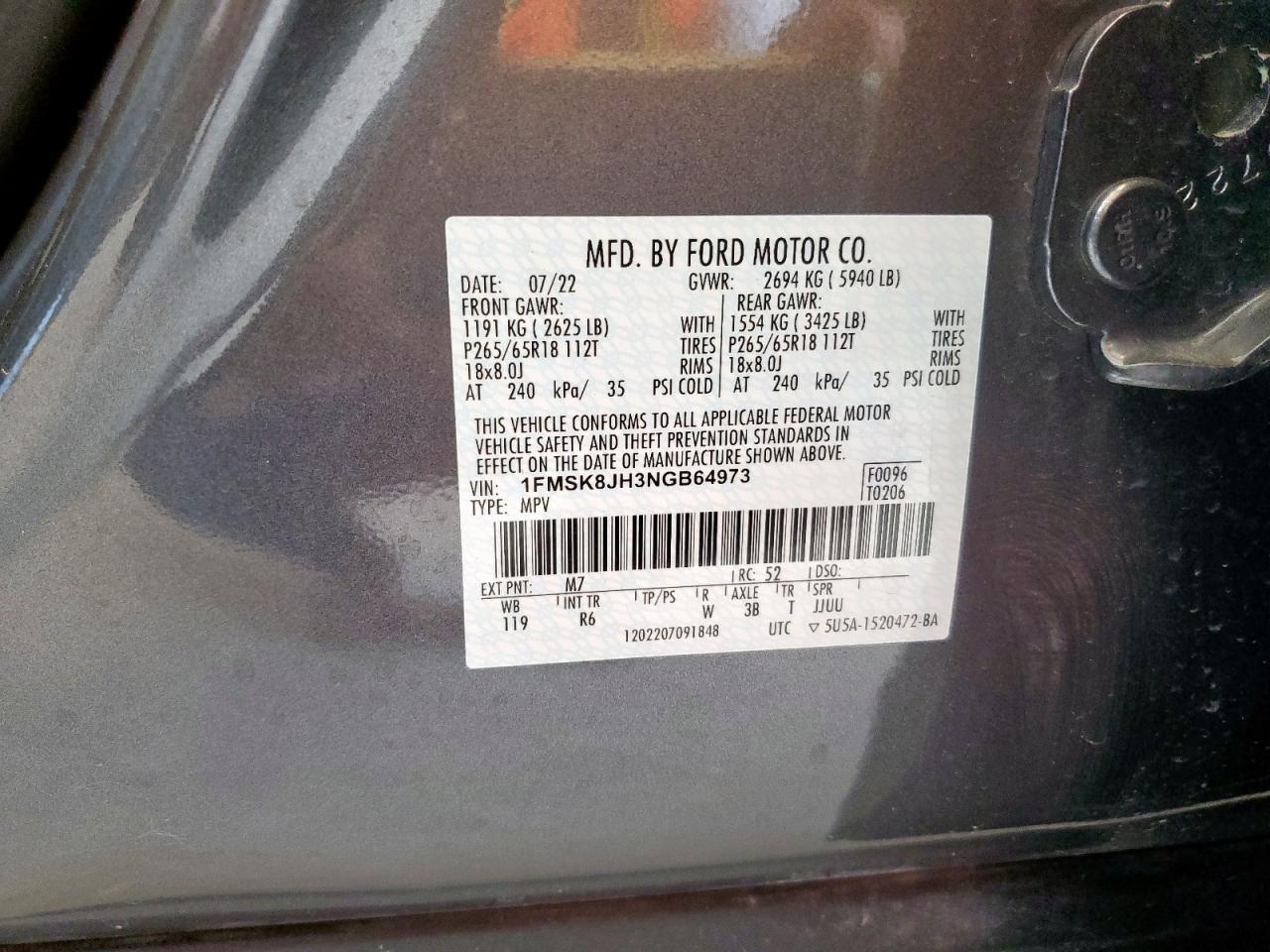 2022 Ford Explorer Timberline VIN: 1FMSK8JH3NGB64973 Lot: 70917245