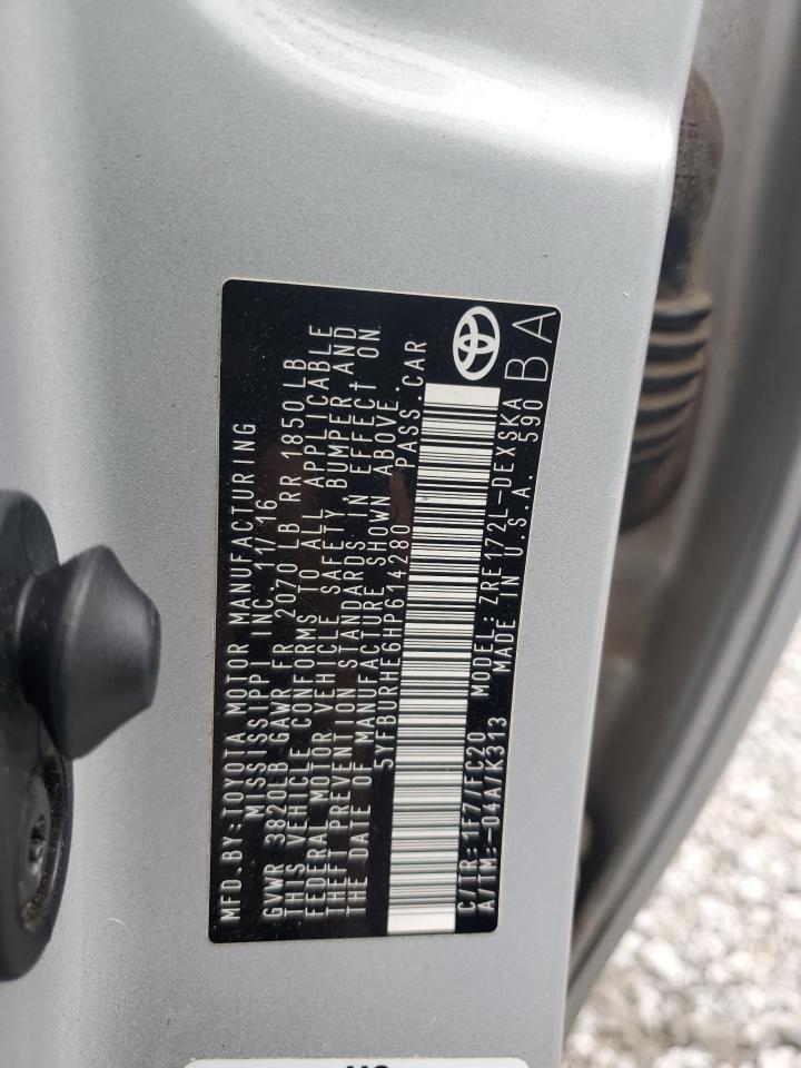 2017 Toyota Corolla L VIN: 5YFBURHE6HP614280 Lot: 84186355