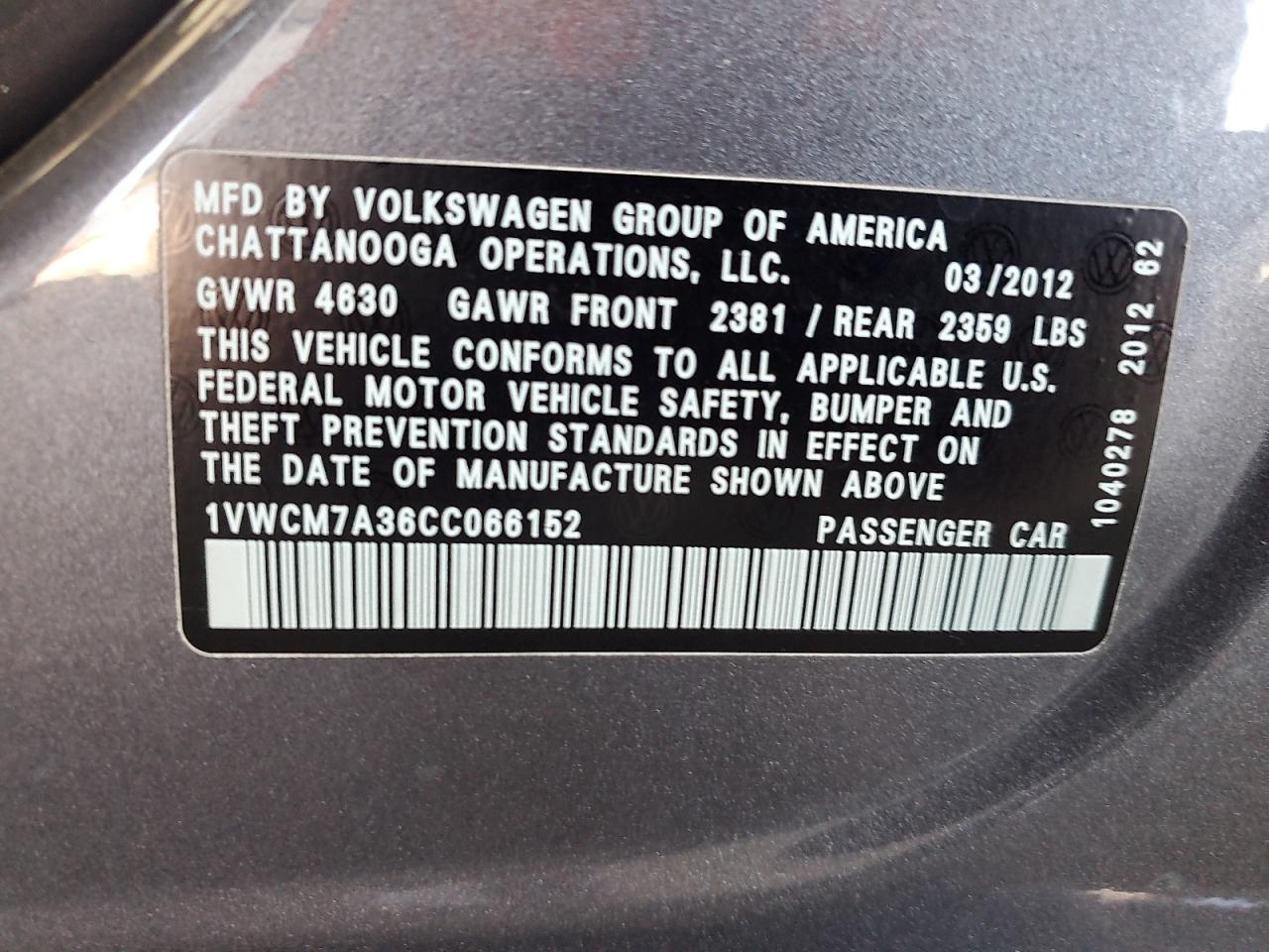 2012 Volkswagen Passat Sel VIN: 1VWCM7A36CC066152 Lot: 82051895